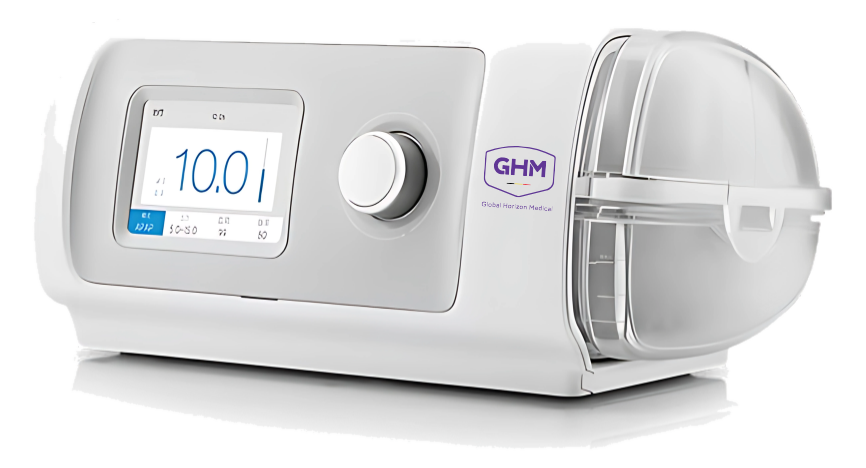 GHM CPAP resting on a sunlit bedside table at home